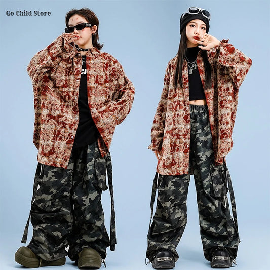 Girls Hip Hop Maillard Plaid Shirt Camouflage Cargo Pants Boys Street Dance Costumes Kids Jazz Clothes Sets Children Streetwear