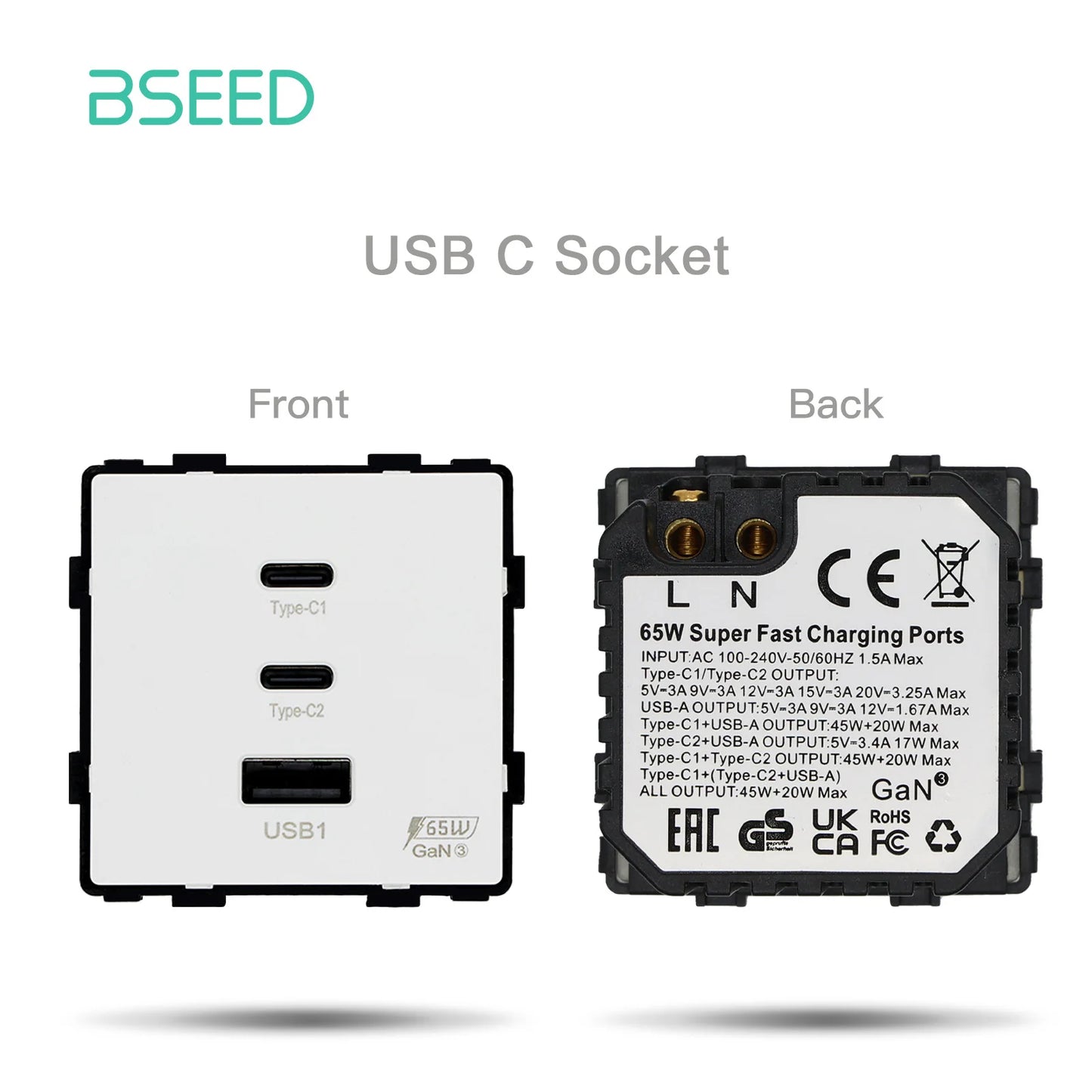 BSEED 65W PD Fast Charge Module Quick Charge Socket Part 1/2 USB Type-C 20W Wall Phone Charger Plug Support BSEED Frames