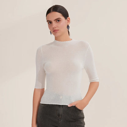 BY3521265 Women's Superfine Merino Wool Knit Top Half Sleeve Crew Neck Slim Fit Pullover Sweater