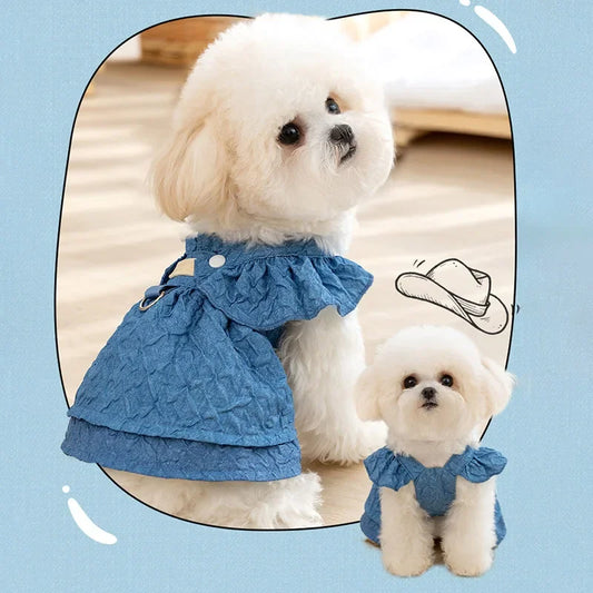 Denim Dog Dress with Leash Ring and Bow Knot – Summer Apparel for Small Dogs and Cats