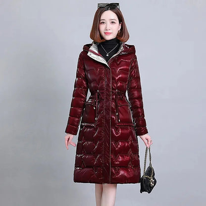 Thick Women's Windproof Long Mother's Down Cotton Coat Women's 2023 Winter Fashion Warm Slim Waist Wrapped Parka Hooded Lace-Up