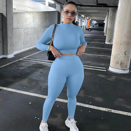 Casual Workout Two Piece Outfits for Women Long Sleeve Crop Top High Waisted Legging Pants Set Slim Jogger Track Suits
