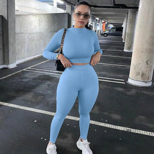 Casual Workout Two Piece Outfits for Women Long Sleeve Crop Top High Waisted Legging Pants Set Slim Jogger Track Suits