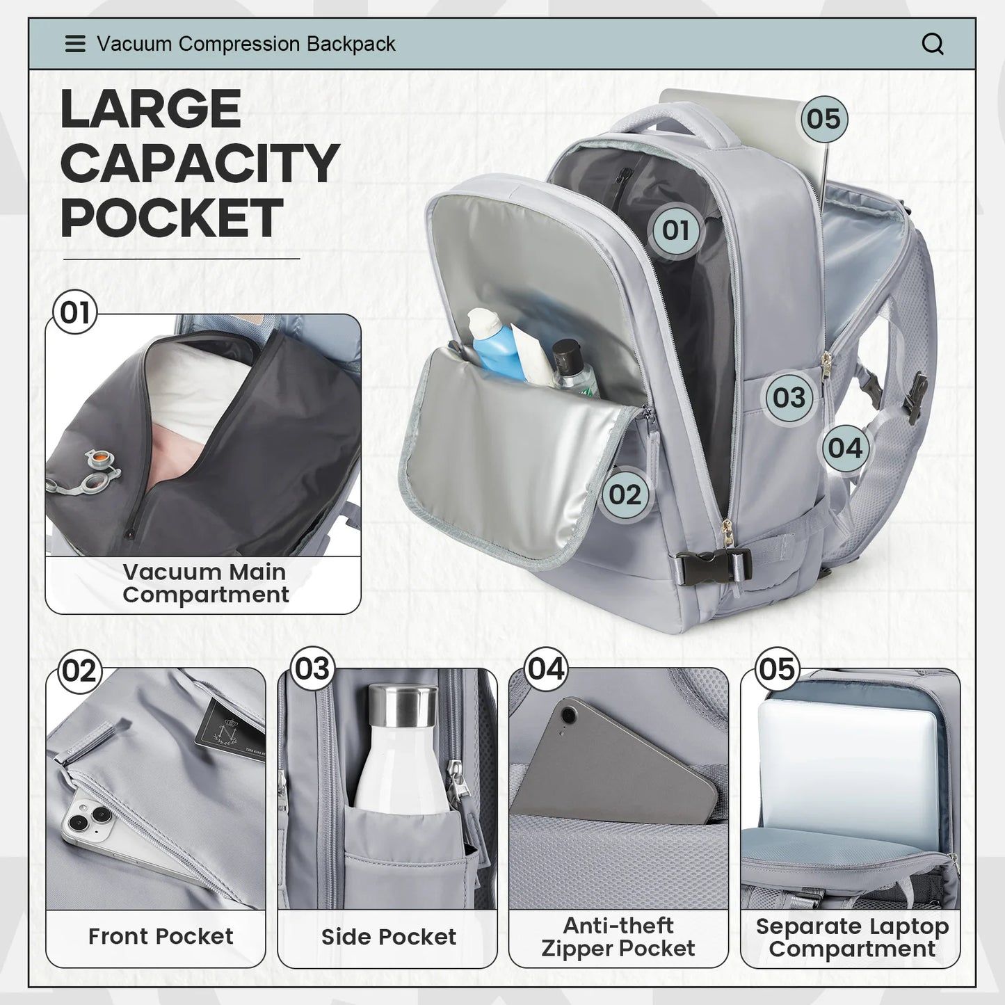 Large Vacuum Travel Backpack with Pump for Women Men, Personal Effects Carry-on Luggage Backpack 47x33x20cm,   Laptop School Bag