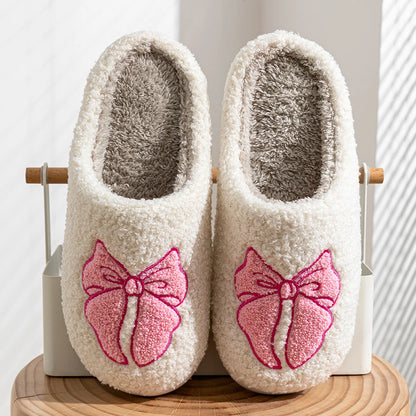 Women's Slippers Winter Indoor Elegant Beauty Bow Home Warm Soft Sole Good Breathability Comfortable Leisure Lady Bedroom Shoes