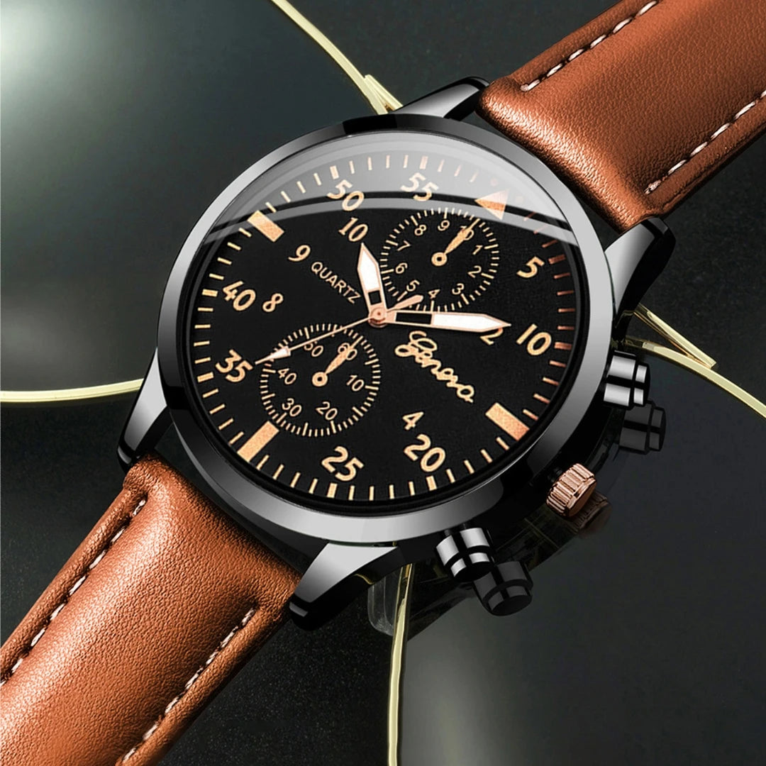 5PCS/4PCS Men's Fashion Quartz Watch & Bracelet Set Casual Leather Strap Wristwear