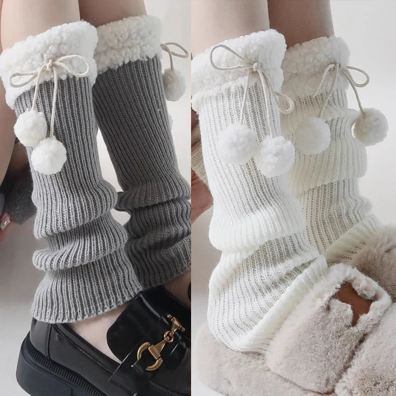 Autumn Winter Lolita Leg Warmers Socks with Ball Knitted Warm Foot Cover White Black Grey Warmer Lady Crochet Sock Boot Cuffs