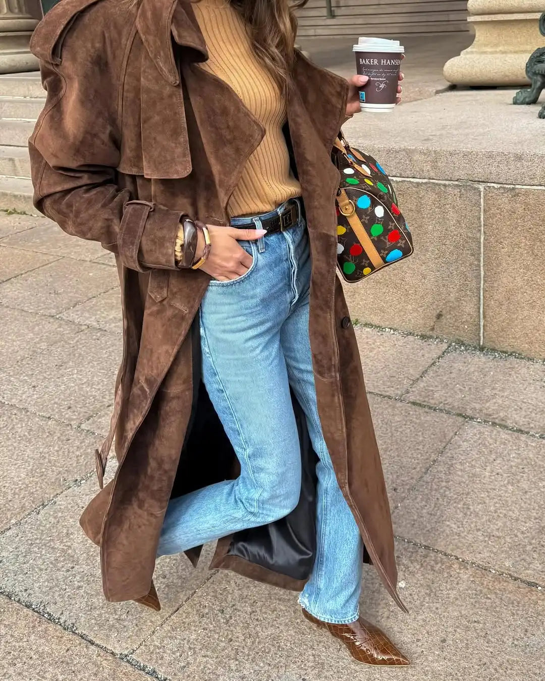 Brown Long Suede Overcoat Women Fashion Solid Chic Lapel Single Breasted Loose Outerwear Lady Autumn Daily Highstreet Jacket