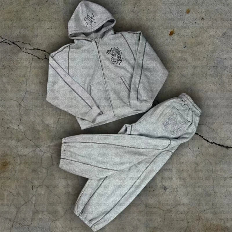 American Y2K Casual Zipper Hoodie Sweatpant Two Piece Set HipHop Oversized Embroidery Sweatshirts Men Women Casual Pants