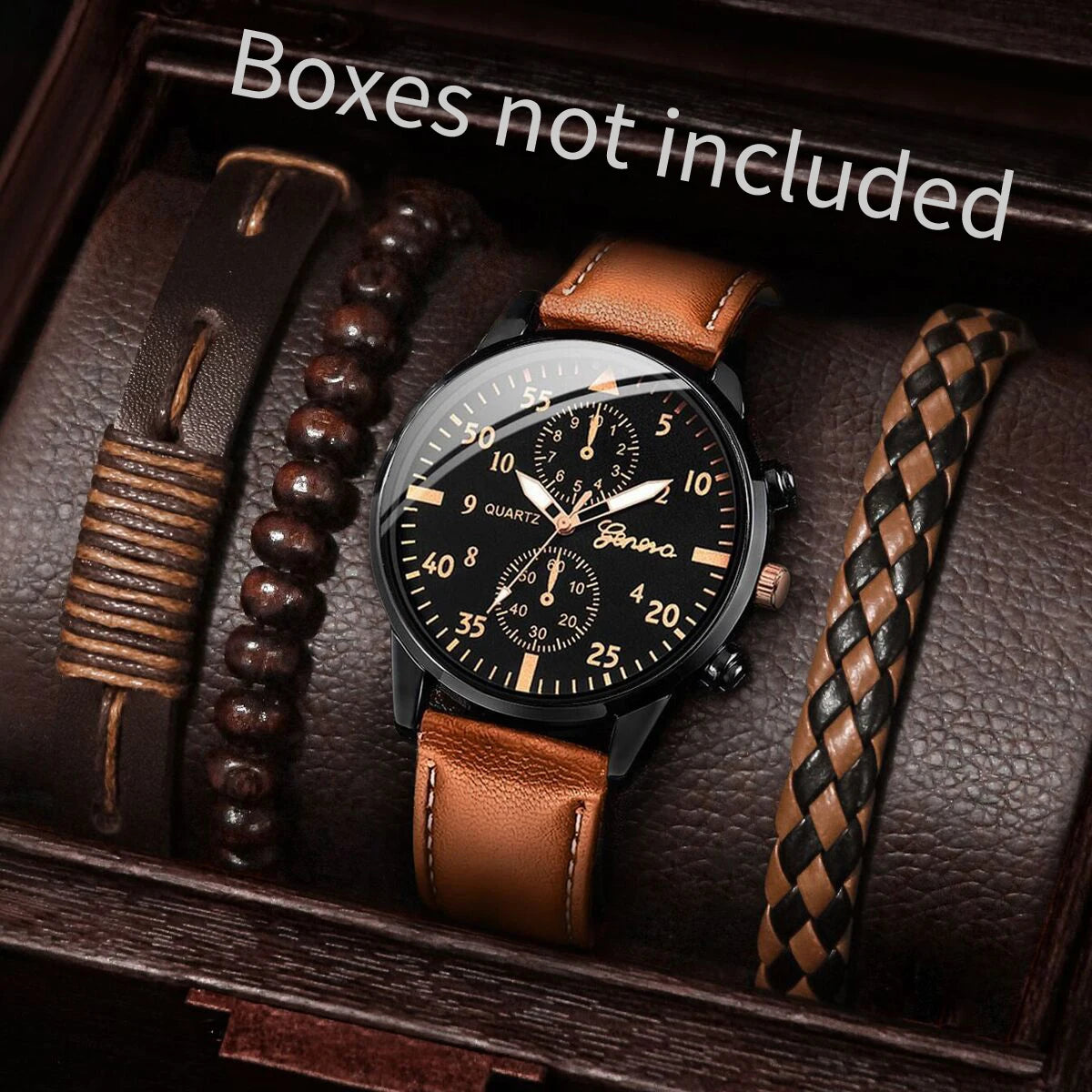 5PCS/4PCS Men's Fashion Quartz Watch & Bracelet Set Casual Leather Strap Wristwear