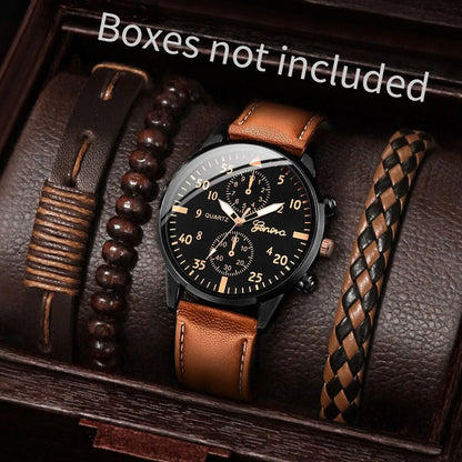 5PCS/4PCS Men's Fashion Quartz Watch & Bracelet Set Casual Leather Strap Wristwear