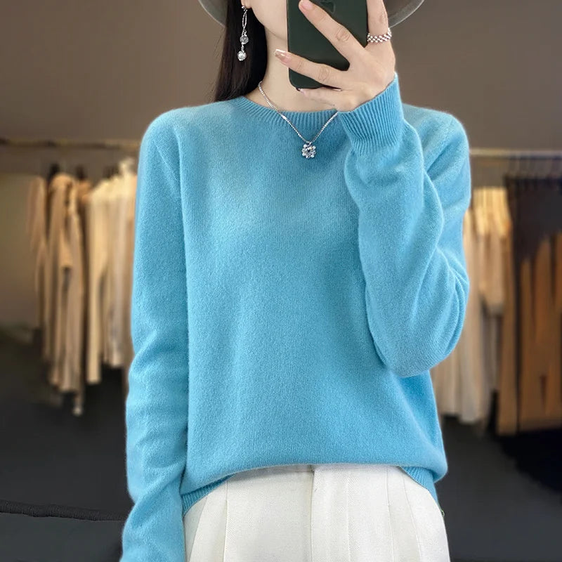 100% Pure Wool Cashmere Sweater Women's O-Neck Pullover Knitted Casual Sweater Winter New Long-Sleeved Warm High-Grade Jumper