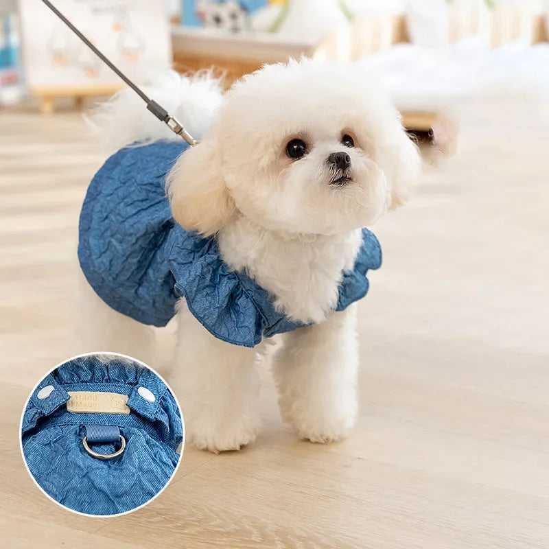 Denim Dog Dress with Leash Ring and Bow Knot – Summer Apparel for Small Dogs and Cats