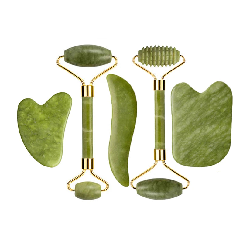 Natural Jade Roller Gua Sha Set – Facial & Body Massage Anti-Aging Lifting Spa Tools