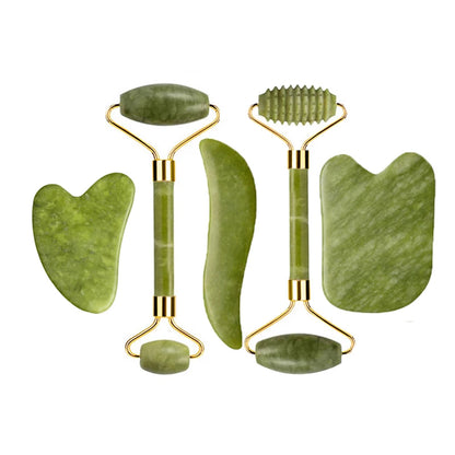 Natural Jade Roller Gua Sha Set – Facial & Body Massage Anti-Aging Lifting Spa Tools