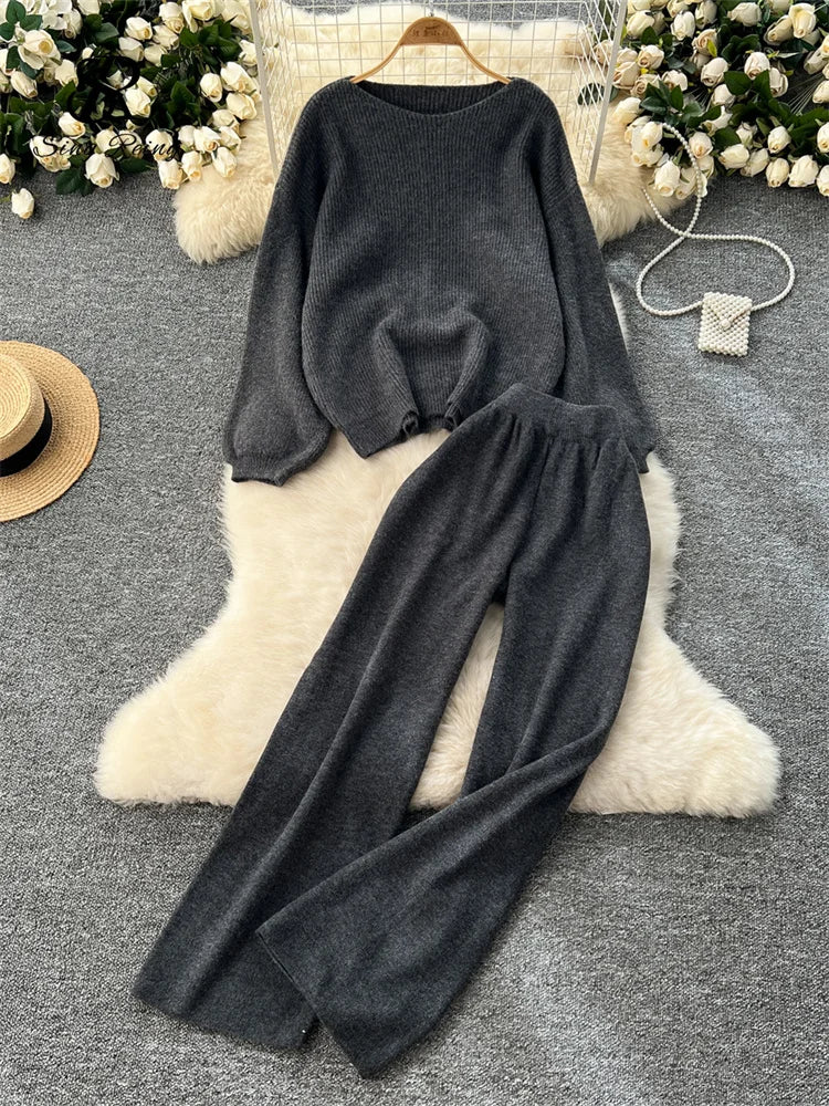 SINGREINY 2025 Winter Thick Women Suits Loose Sweater Tops+High Waist Wide Legs Long Pants Autumn Solid Causal Warm 2 Piece Sets