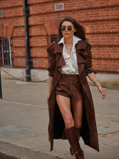Brown Long Suede Overcoat Women Fashion Solid Chic Lapel Single Breasted Loose Outerwear Lady Autumn Daily Highstreet Jacket
