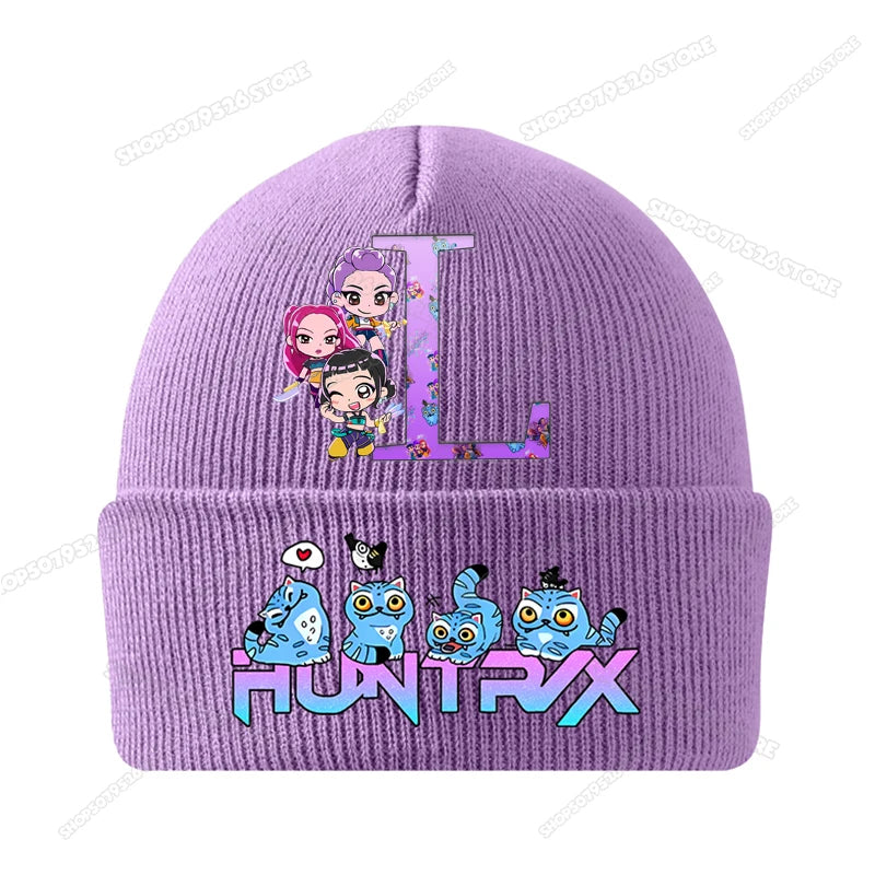 Kpop Demon Hunters Letter A-Z Knitted Hat Cartoon Music Girl Beanies Cap Kids Winter Warm Bonnet Cartoon Toddler Skullies Beanie