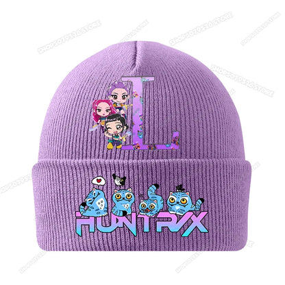 Kpop Demon Hunters Letter A-Z Knitted Hat Cartoon Music Girl Beanies Cap Kids Winter Warm Bonnet Cartoon Toddler Skullies Beanie