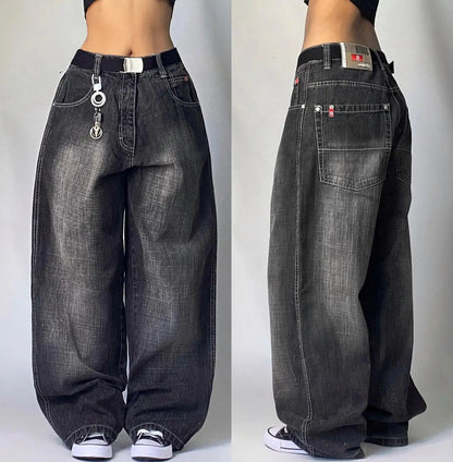 American Fashion New Black Old Washed Holes Baggy Jeans Ladies Y2K Vintage Punk Fashion Casual Joker High Waist Wide Leg Pants