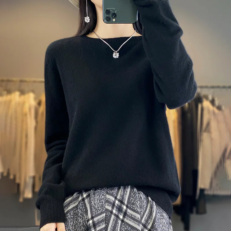 100% Pure Wool Cashmere Sweater Women's O-Neck Pullover Knitted Casual Sweater Winter New Long-Sleeved Warm High-Grade Jumper