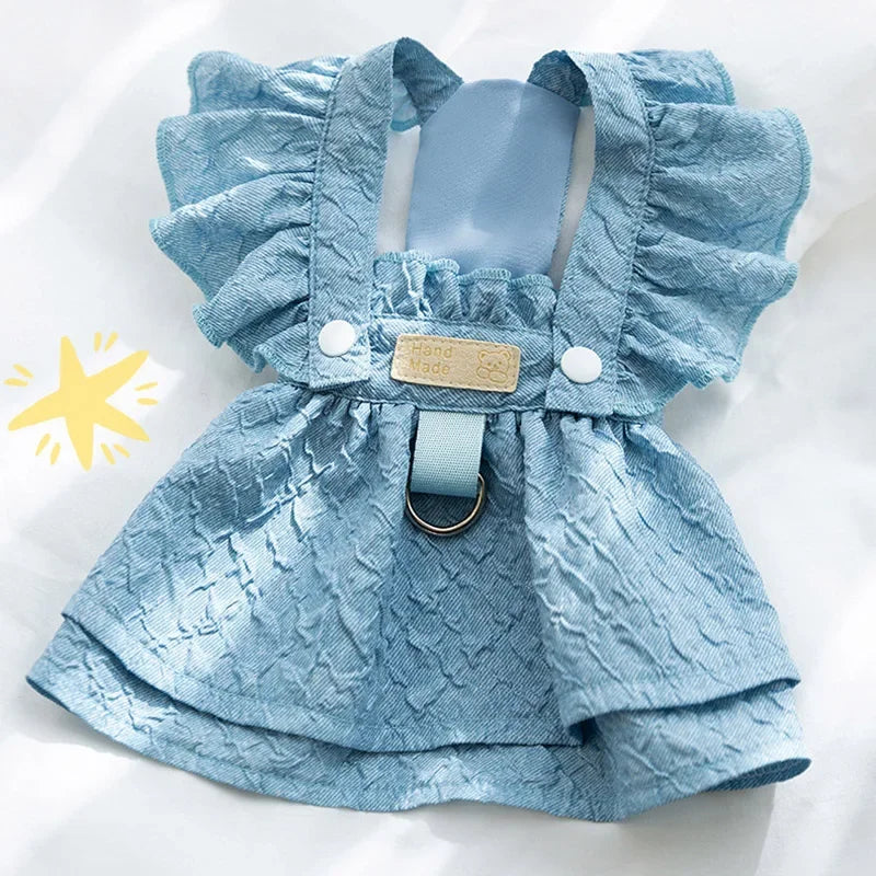 Denim Dog Dress with Leash Ring and Bow Knot – Summer Apparel for Small Dogs and Cats