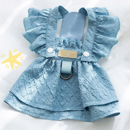 Denim Dog Dress with Leash Ring and Bow Knot – Summer Apparel for Small Dogs and Cats