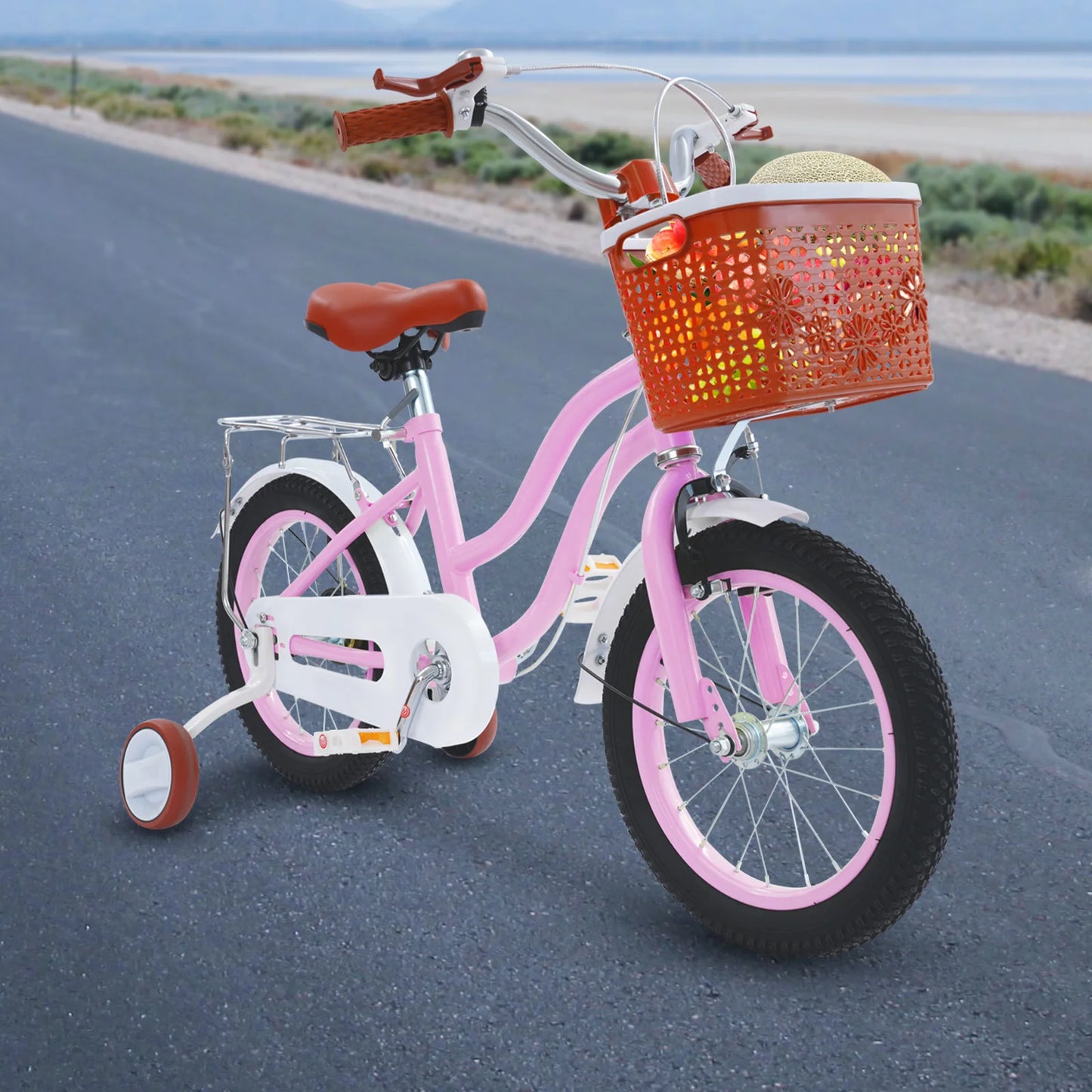 14 Inch Children's Bicycle Carbon Steel Kids Bike with Auxiliary Wheels & Basket & Manual Bell, Bearing 60kg, Height Adjustable