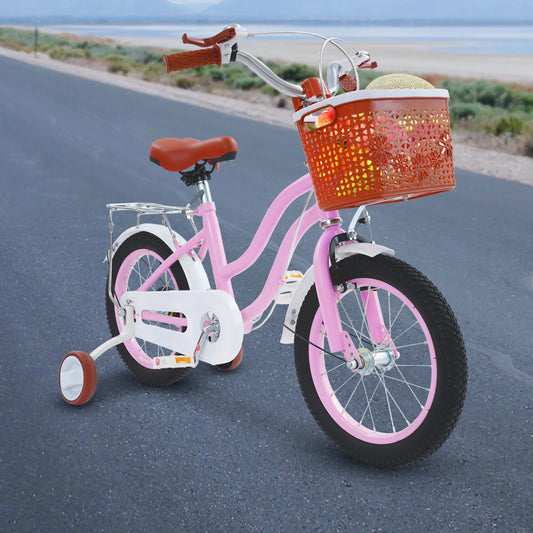 14 Inch Children's Bicycle Carbon Steel Kids Bike with Auxiliary Wheels & Basket & Manual Bell, Bearing 60kg, Height Adjustable