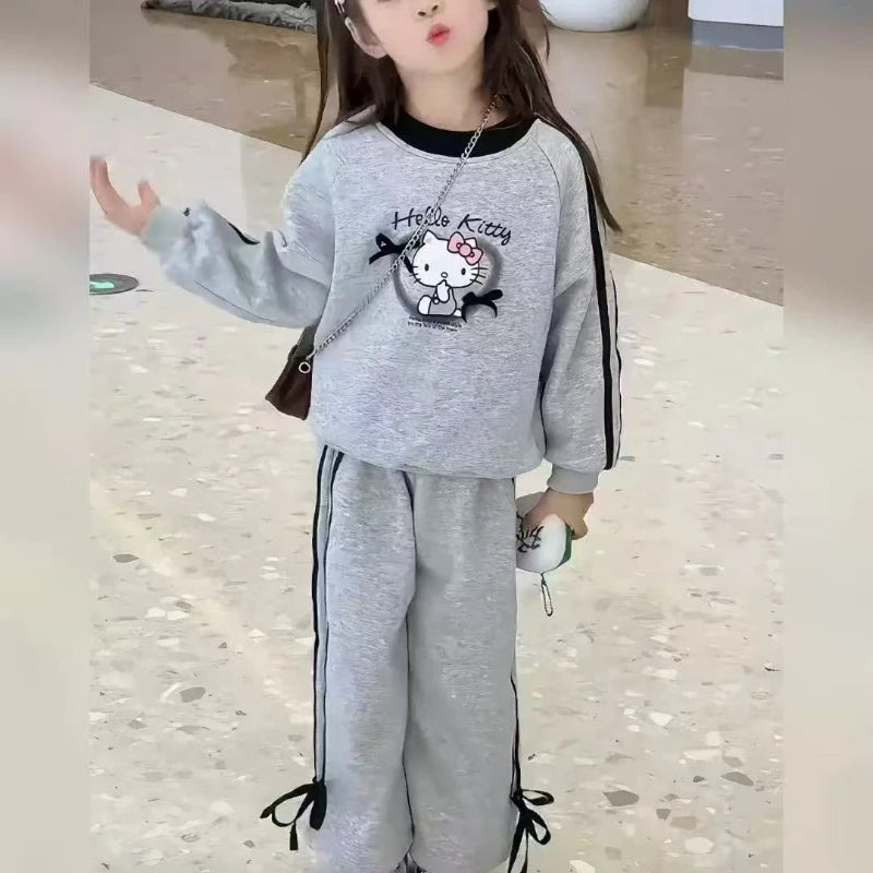 Baby Girl Clothes Set Autumn Kid Hello Kitty Sweatshirts Pullover Bow Top & Striped Pants 2pcs Suit Children Tracksuits Outfits