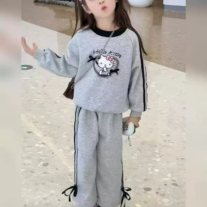 Baby Girl Clothes Set Autumn Kid Hello Kitty Sweatshirts Pullover Bow Top & Striped Pants 2pcs Suit Children Tracksuits Outfits