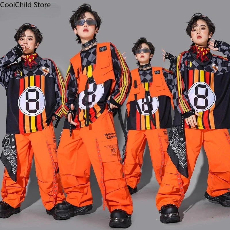 Hip Hop Children Cool Numbers Sweatshirt Vest Street Dance Cargo Pants Girls K-pop Jazz Costume Boys Clothes Set Kids Streetwear