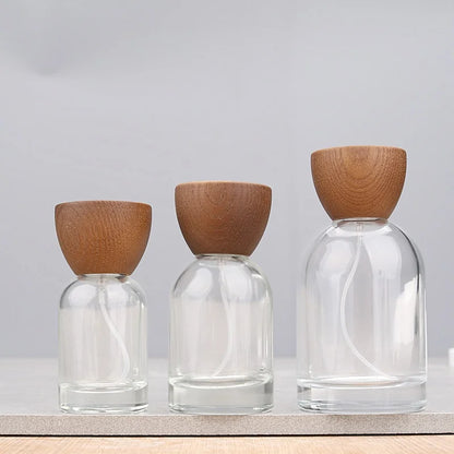 High-grade 30/50/100ml Empty Clear/ Frosted Glass Perfume Bottle Screw Wood Lid Spray Bottle Toner Atomizer Cosmetic Bottles