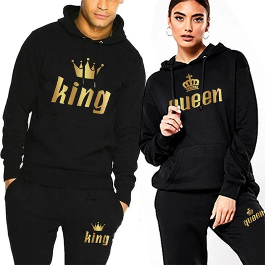 Men Women Tracksuit King And Queen Letter Print Hoodie and Jogger Pants Jogging Suit Sportswear Casual Fashion Couple Outfits