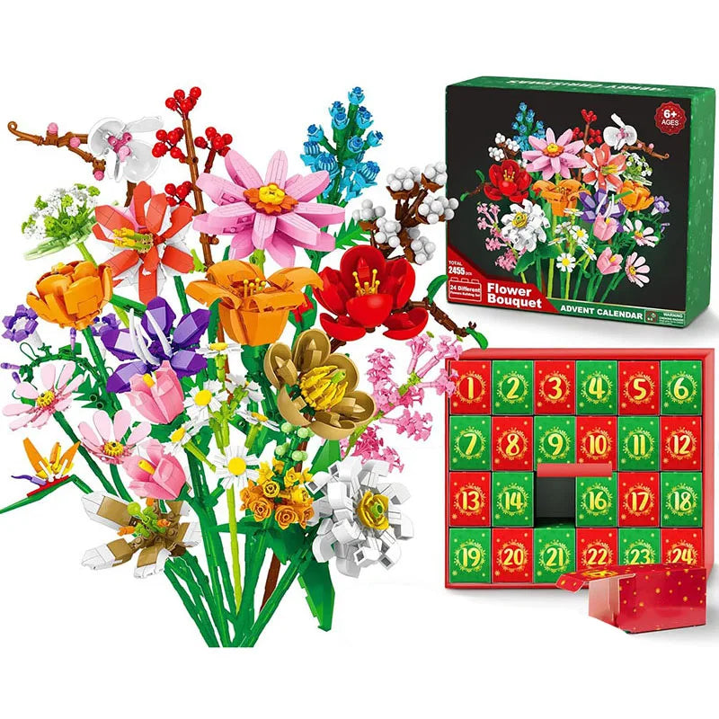 Advent Calendar 2025 Flower Bouquet Building Blocks For Adults Kids 24 Days Christmas Countdown Calendars With 24 Types Flowers