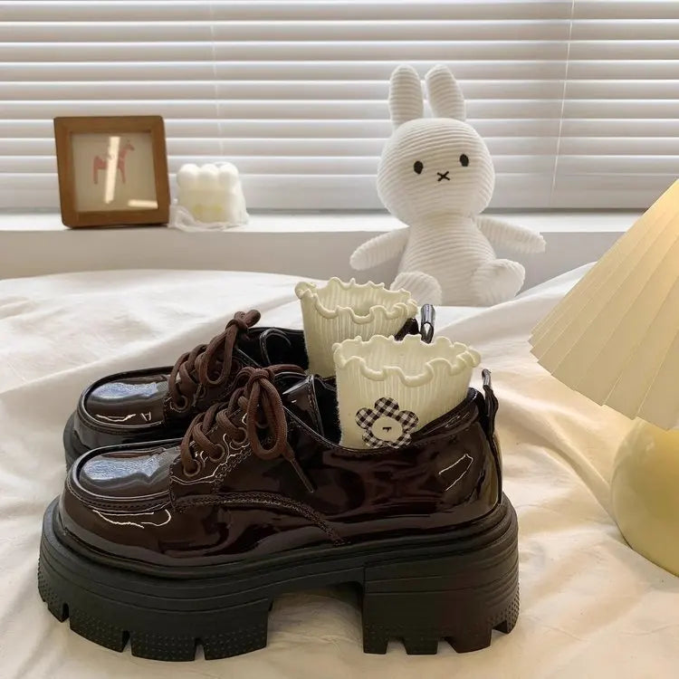 Shoes Woman Flats Clogs Platform Autumn Oxfords British Style Dress Creepers New Retro Fall Winter Leather Preppy Cross Black Ru