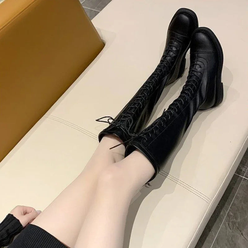 Footwear Elegant with Low Heels Ladies Boots Lace-up Shoes for Women Laces Black 2025 New Waterproof Winter Novelty Hot Fashion