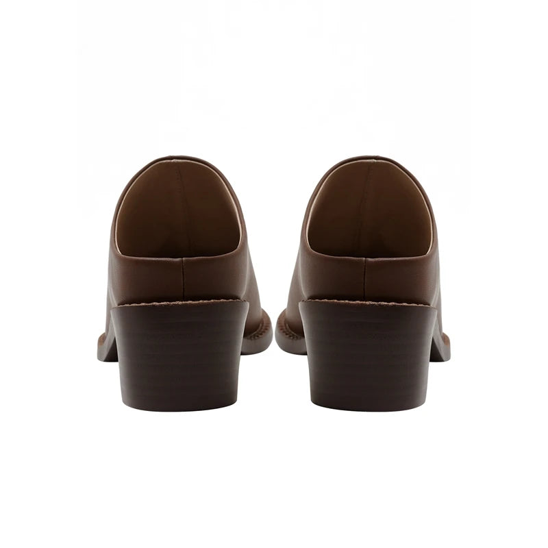 Kaky's New Pointed Cow Tied Leather Thick Heel Medium Heel Large Women's Slippers, Wrapped Half Slippers, Muller Shoes