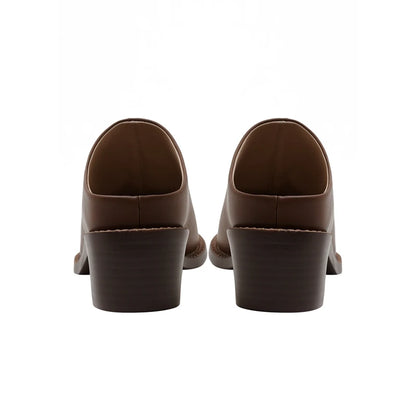 Kaky's New Pointed Cow Tied Leather Thick Heel Medium Heel Large Women's Slippers, Wrapped Half Slippers, Muller Shoes