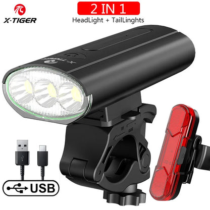 X-TIGER Waterproof MTB Bike Light Aluminum Alloy Road Cycling USB Rechargeable Headlight 2400 Lumens Bicycle Light Accessories