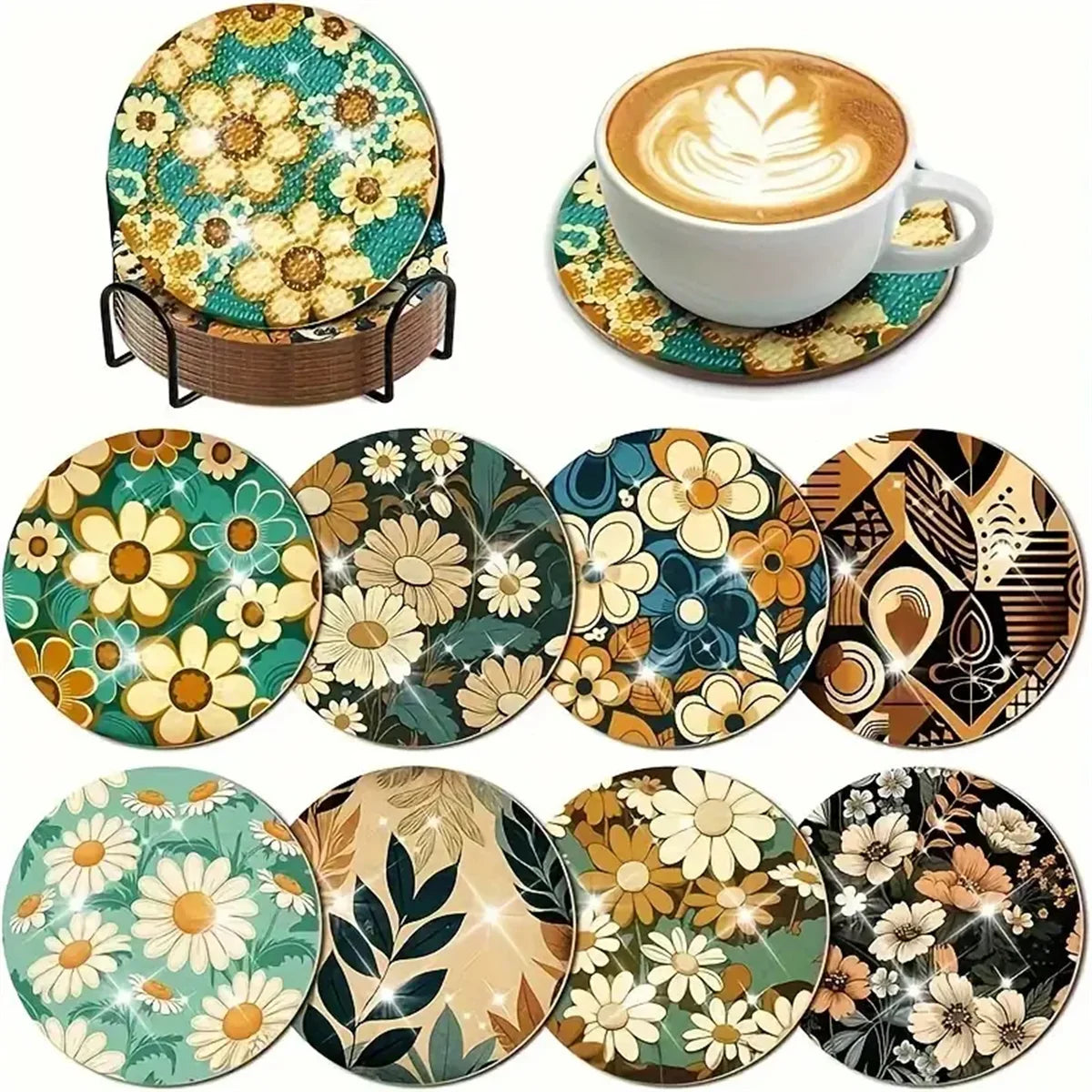 8pcs/Set DIY Diamond Painting Coasters with Holder Anti Slip Wood Drip Mats Crystal Rhinestones Diamond Art Coasters for Adults