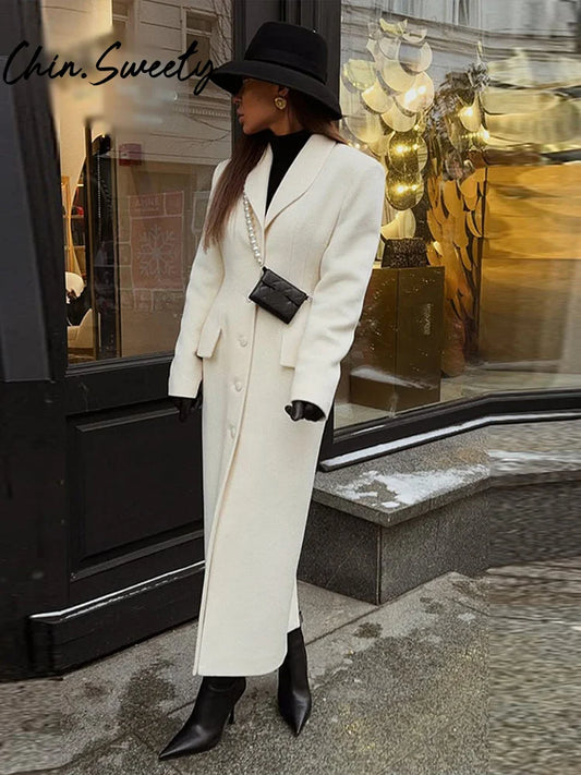 Slim Woolen Long Women Coat Elegant Full Sleeve Lapel Single Breasted Pocket Female Outwear 2025 Autumn Winter Chic Lady Jakcet