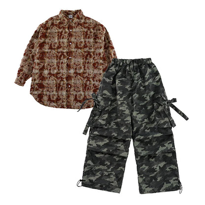 Girls Hip Hop Maillard Plaid Shirt Camouflage Cargo Pants Boys Street Dance Costumes Kids Jazz Clothes Sets Children Streetwear