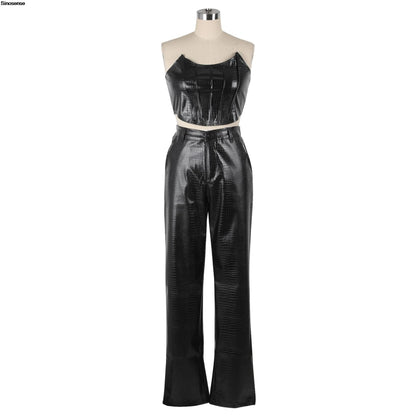 Womens Sexy Chic PU Faux Leather Two 2 Piece Sets Tube Crop Top And Wide Leg Pants Suits Y2K Going Out Night Club Party Outfits