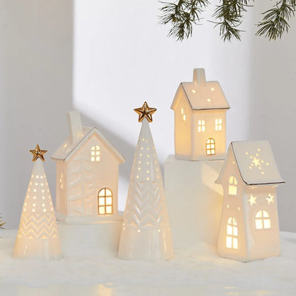 Glowing Ceramic Christmas Light Decorations LED Christmas Tree Luminous Hut Desktop Home Ornaments Scene Props Xmas Gifts