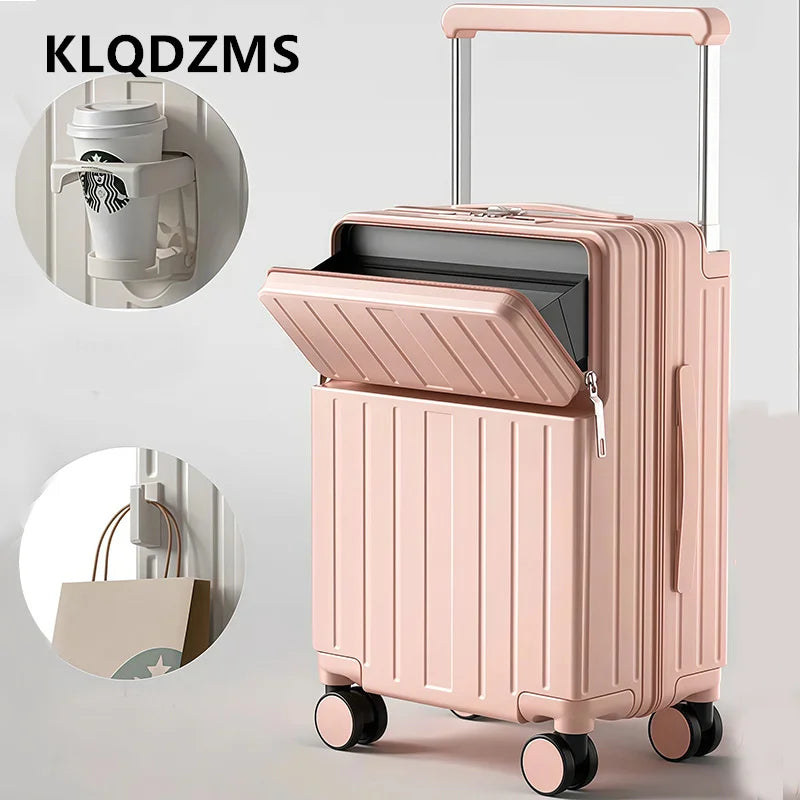 KLQDZMS Cabin Suitcase Front Laptop Boarding Case USB Charging Trolley Case 20"22"24"26 Inch Multifunctional Women's Luggage