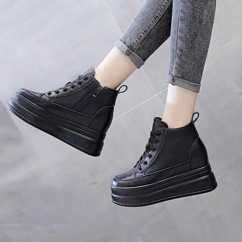 Women High Top Sneakers Platform Breathable Genuine Leather Shoes Spring Lady Wedges Casual Shoes For Woman Sports Dad Shoes 9CM