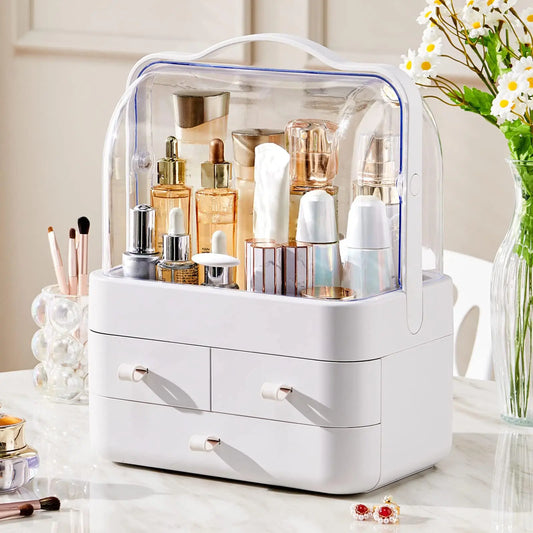 Luxury Dustproof Cosmetic Organizer with Lid & Drawer – Waterproof Vanity Storage Box for Makeup & Skincare
