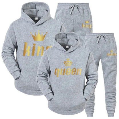 Men Women Tracksuit King And Queen Letter Print Hoodie and Jogger Pants Jogging Suit Sportswear Casual Fashion Couple Outfits