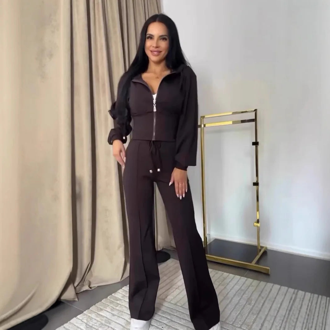 Conjunto de sweatshirt para mulher 2025, slim, cor sólida, fecho, manga comprida, calças largas, conjunto de 2 peças para mulher